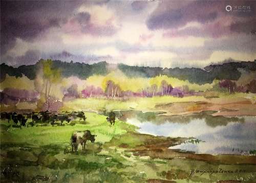 On pasture watercolor art original landscape painting on pap...