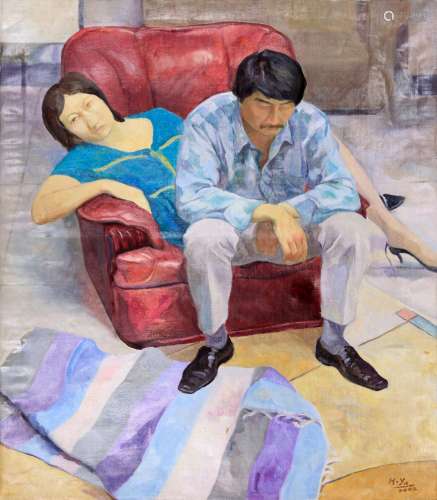 CHINESE OIL PAINTING OF COUPLE SIGNED BY YUHONG
