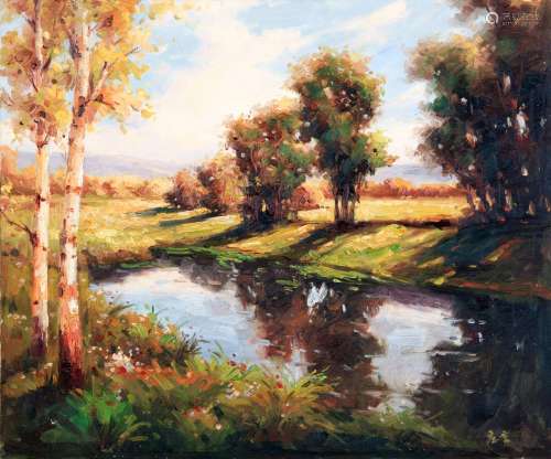 CHINESE OIL PAINTING ON CANVAS OF LANDSCAPE SIGNED BY ZHUANG...