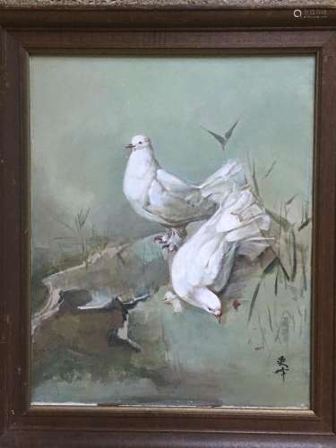 LEE MAN FONG 1913-1988 INDONESIAN CHINESE OIL PAINTING DOVES...