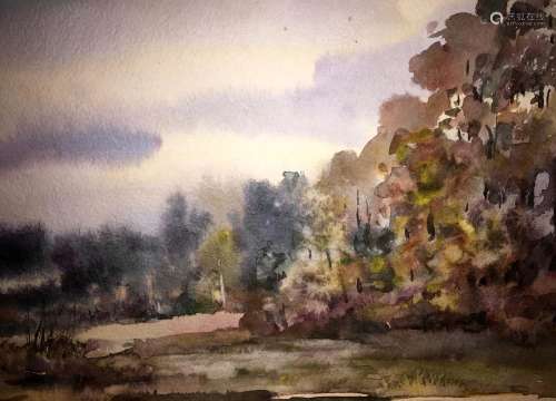 Autumn landscape watercolor painting on paper