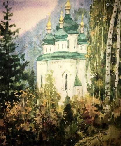 Monastery watercolor painting on paper