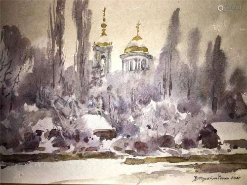 Church watercolor painting on paper