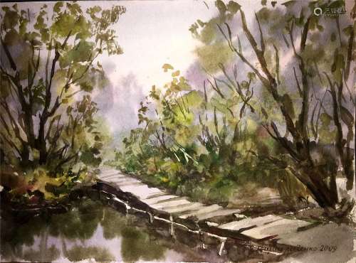Bridge watercolor painting on paper
