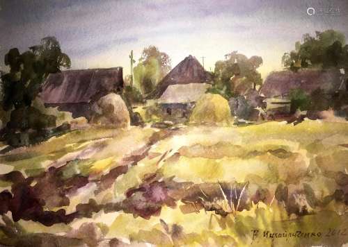Fields landscape watercolor painting on paper