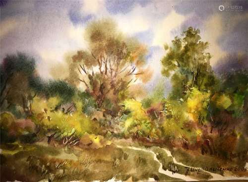 Forest landscape watercolor painting on paper