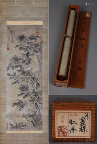 CHINESE SCROLL PAINTING OF FLOWER AND ROCK SIGNED BY JINTING...