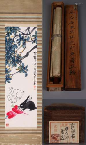 CHINESE SCROLL PAINTING OF RABBIT AND RADISH SIGNED BY QI BA...