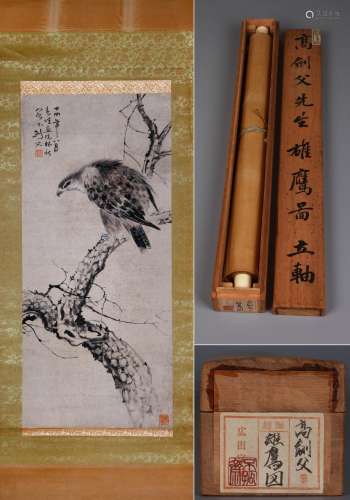 CHINESE SCROLL PAINTING OF EAGLE ON PINE SIGNED BY GAO JIANF...