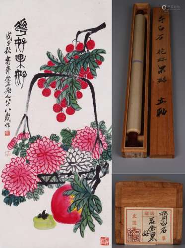 CHINESE SCROLL PAINTING OF LICHI AND FLOWER SIGNED BY QI BAI...