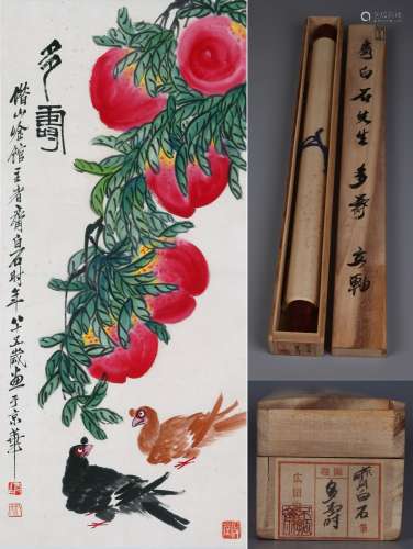 CHINESE SCROLL PAINTING OF BIRD AND PEACH SIGNED BY QI BAISH...