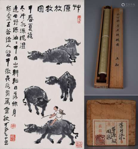 CHINESE SCROLL PAINTING OF FIVE OXES SIGNED BY LI KERAN