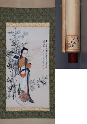 CHINESE SCROLL PAINTING OF BEAUTY AND BAMBOO SIGNED BY ZHANG...