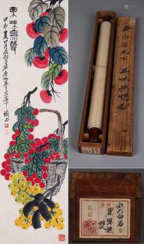 CHINESE SCROLL PAINTING OF FRUITS SIGNED BY QI BAISHI