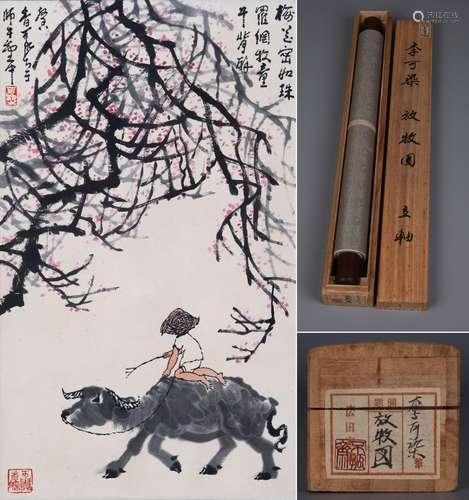 CHINESE SCROLL PAINTING OF BOY ON OX SIGNED BY LI KERAN