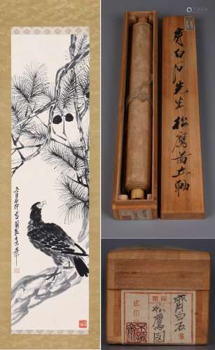 CHINESE SCROLL PAINTING OF EAGLE ON PINE SIGNED BY QI BAISHI