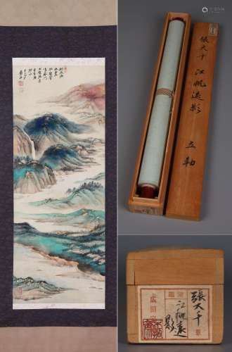 CHINESE SCROLL PAINTING OF MOUNTAIN VIEWS SIGNED BY ZHANG DA...