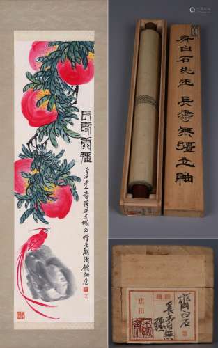CHINESE SCROLL PAINTING OF BIRD AND PEACH SIGNED BY QI BAISH...