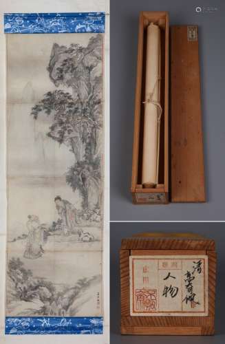 CHINESE SCROLL PAINTING OF FIGURES AND STORY SIGNED BY GAO Q...