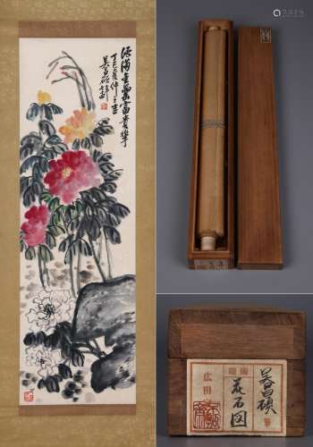 CHINESE SCROLL PAINTING OF FLOWER AND ROCK SIGNED BY WU CHAN...