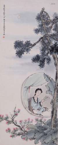 CHINESE SCROLL PAINTING OF LADY IN GARDEN SIGNED BY FENG CHA...