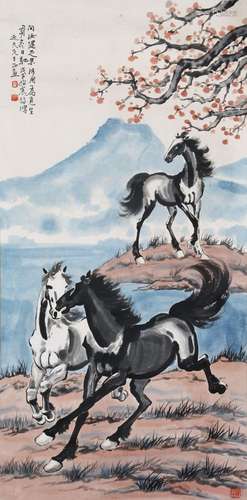 CHINESE SCROLL PAINTING OF HORSE BY RIVER SIGNED BY XU BEIHO...