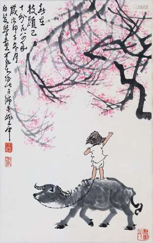 CHINESE SCROLL PAINTING OF BOY ON OX SIGNED BY LI KERAN