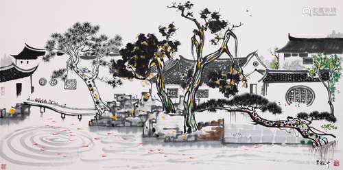 CHINESE SCROLL PAINTING OF LANDSCAPE SIGNED BY WU GUANZHONG