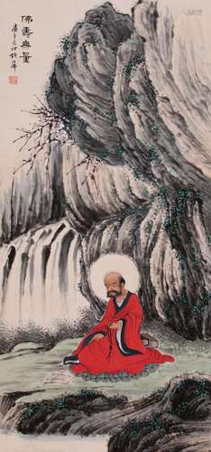 CHINESE SCROLL PAINTING OF SEATED LOHAN SIGNED BY QIAN HUAFO