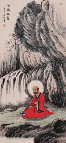 CHINESE SCROLL PAINTING OF SEATED LOHAN SIGNED BY QIAN HUAFO