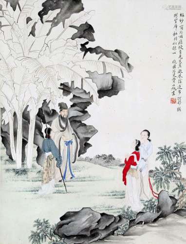 CHINESE SCROLL PAINTING OF PEOPLE IN GARDEN SIGNED BY FEI DA...
