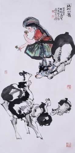 CHINESE SCROLL PAINTING OF GIRL AND DEER SIGNED BY CHENG SHI...