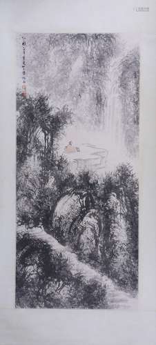 CHINESE SCROLL PAINTING OF MOUNTAIN VIEWS SIGNED BY FU BAOSH...