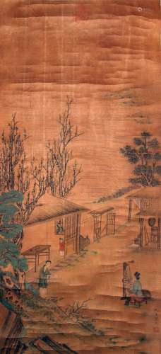CHINESE SCROLL PAINTING OF LADIES IN GARDEN SIGNED BY QIUYIN...