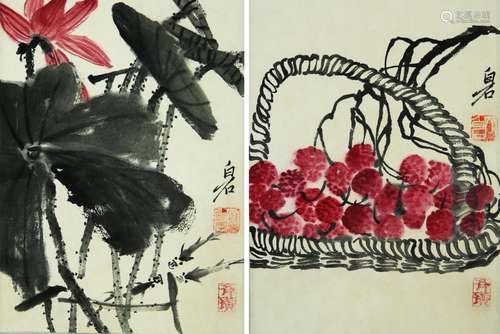 TWO PAGES OF CHINESE SCROLL PAINTING OF LOTUS AND LICHI IN B...