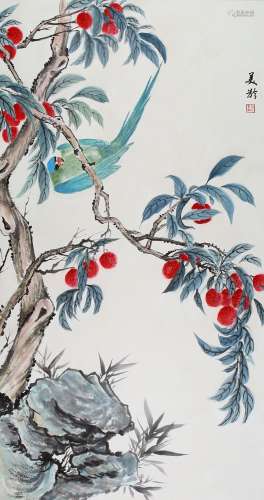 CHINESE SCROLL PAINTING OF BIRD AND LICHI SIGNED BY SONG MEI...