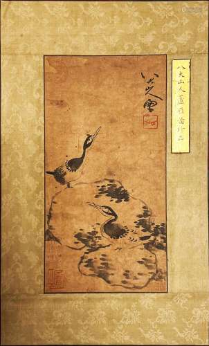 CHINESE SCROLL PAINTING OF BIRD ON ROCK SIGNED BY BADASHANRE...