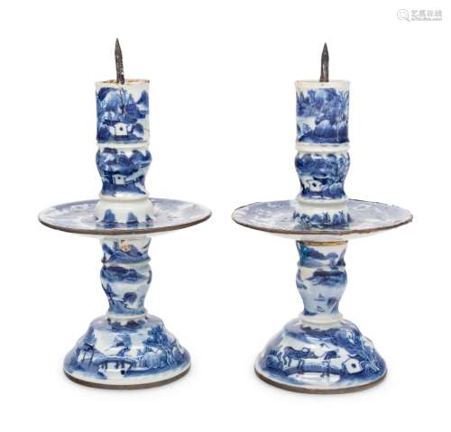 A Pair of Chinese Blue and White Porcelain Candlesticks