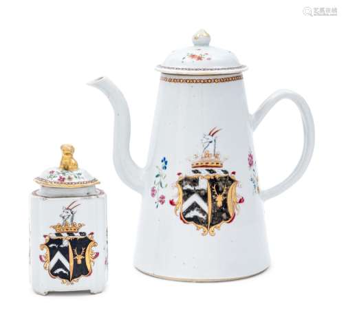 A Chinese Export Porcelain Armorial Coffee Pot and Tea Caddy