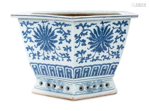 A Chinese Blue and White Porcelain Hexagonal Jardinière