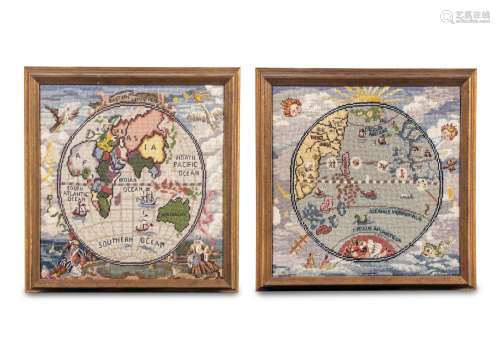 A Pair of English Needlepoint Geographic Panels
