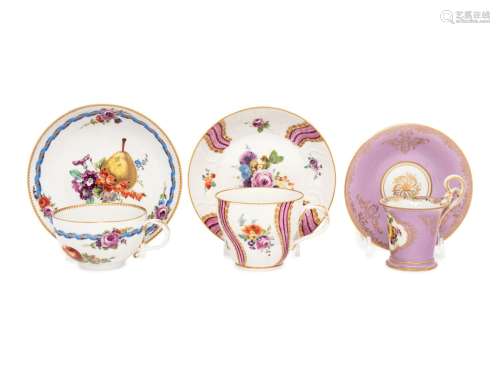 Three Meissen Porcelain Teacups and Saucers