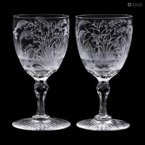 A Pair of Etched and Cut Glass Goblets with Waterfowl Motifs