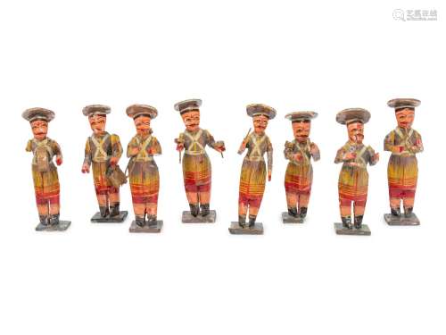 Eight Russian Polychromed Carved Wood Marchind Band Figures