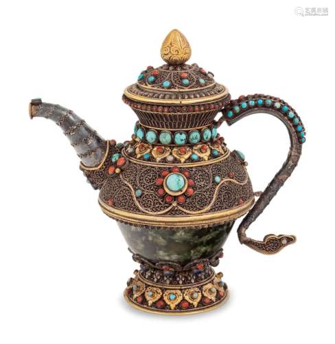 A Tibetan or Himalayan Hardstone Mounted Silver Teapot