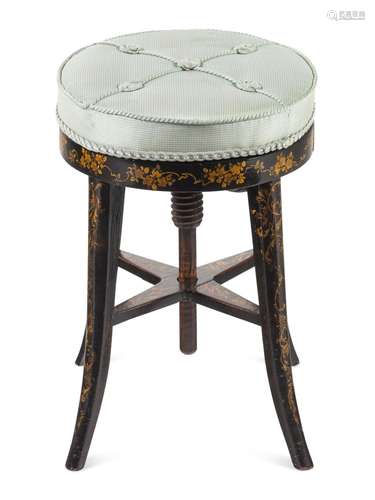 A Victorian Polychrome-Decorated Ebonized Piano Stool