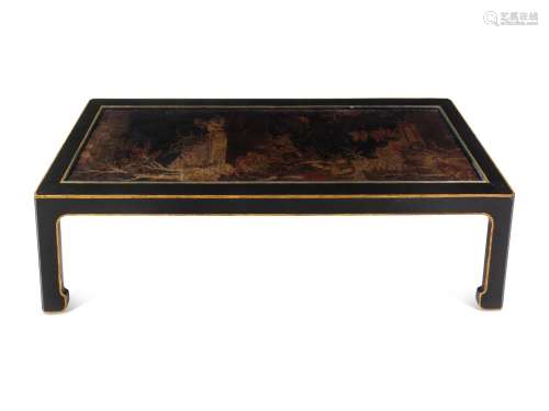 A Chinese Export Black and Gold Lacquer Panel-Inset Low Tabl...