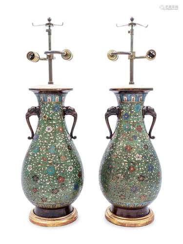 A Pair of Japanese Cloisonné Vases Mounted as Lamps