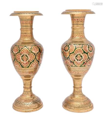 A Pair of Middle Eastern Enameled Brass Vases