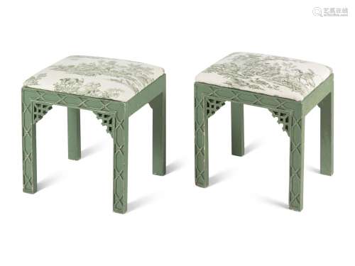 A Pair of Chinese Chippendale Style Green-Painted Stools